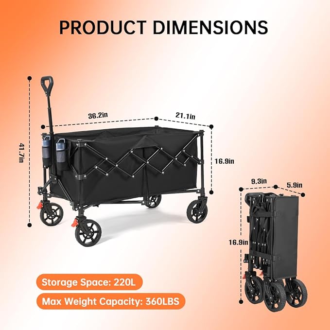 220L Collapsible Foldable Wagon Cart with 360LB Capacity - Heavy Duty Utility Cart for Camping, Groceries, Gardening, Shopping - 360° Wheels, Flexible Handle, and Cup Holders