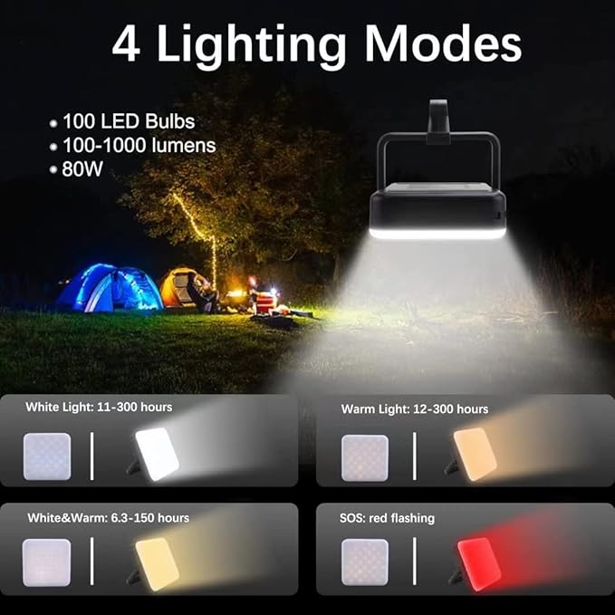 Camping Lantern, 100LED with 4 Brightness, Up to 1000LM, Rechargeable for 120hrs, Power Bank, IPX4 Waterproof, Small & Light, Emergency Light for Blackout, Hurricane, Hiking,Power Outages