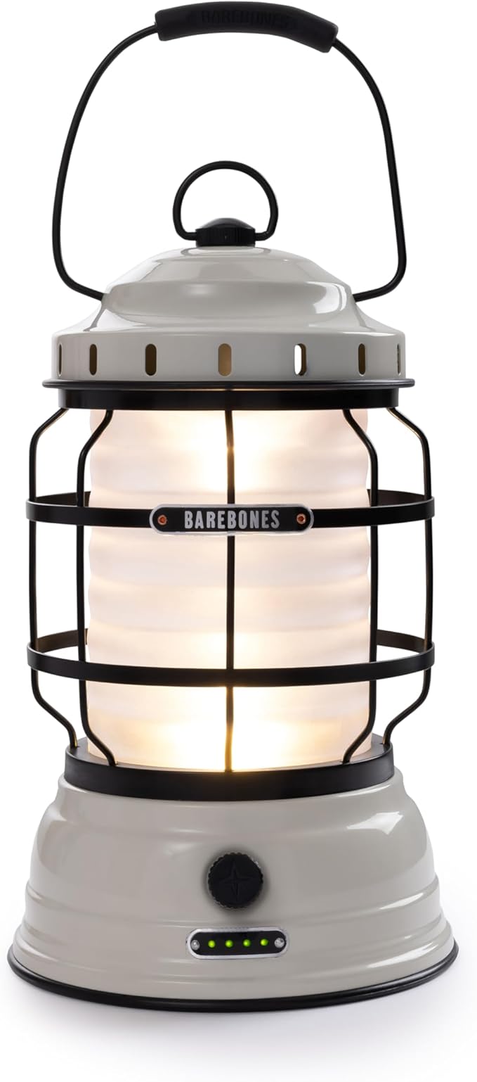 Barebones Forest Lantern – Vintage White, Vintage Rechargeable LED Lantern with Adjustable Brightness – Battery Operated Camping Light for Outdoor Adventures, Backyard Gatherings, and Emergency Use