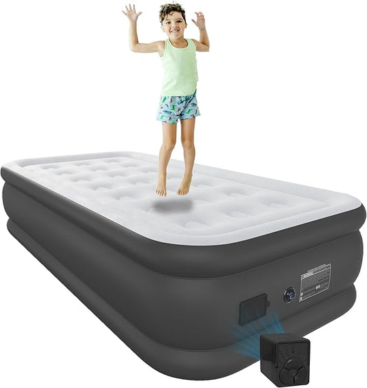 Air Mattress Twin with Built in Wireless Battery Pump,18'' Blow Up Inflatable Air Bed for Camping,Home,Thick Velvet Texture Waterproof,18''Grey