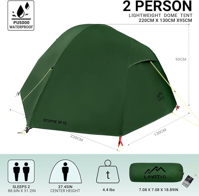 2 Person Lightweight Backpacking Tent,Ultralight Portable 20D Waterproof Nylon Tent for Camping，4.4LB 3 Season Backhiking with 7001 Aluminum Poles and V-Shaped Aluminum Floor Spike