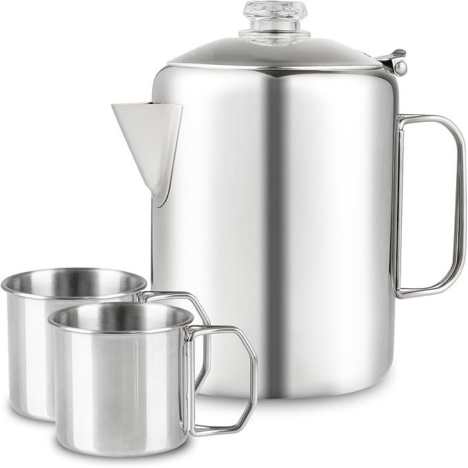 Coffee Percolator Bundle with 2 Mugs Stainless Steel Coffee Maker with Heat Resistant Tough Glass Knob & Foldable Handle Using on any Stovetop Outdoor Camping NO Aluminum NO Plastic (8 Cup)