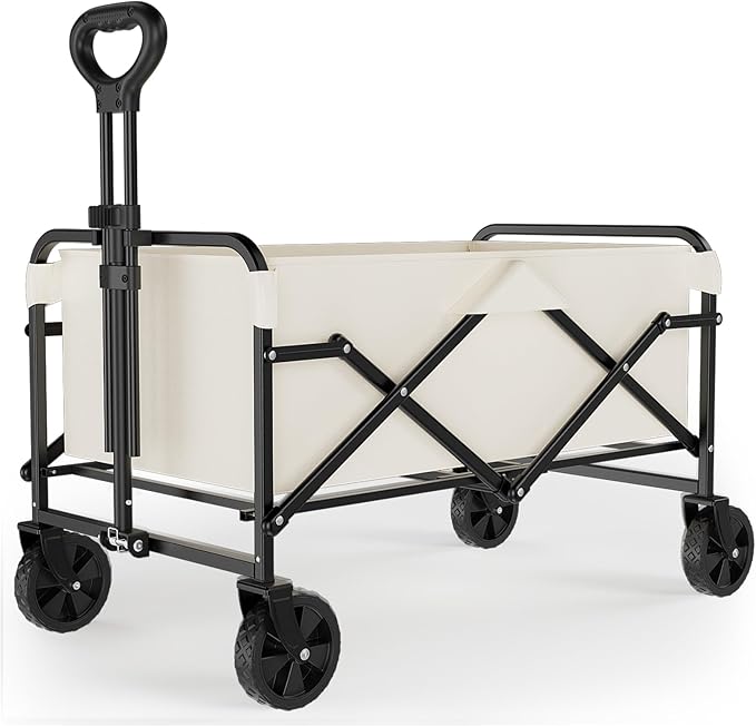Collapsible Wagon Cart with 5" Removable 360° Swivel Wheels & Adjustable Handle, 220lbs Load Capacity, Dual Detachable Oxford Covers (White+Black)， MDF Base, All-Terrain Portable Utility Cart