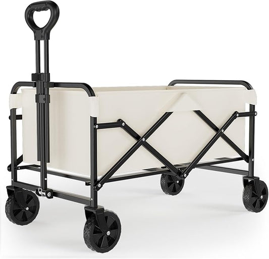 Collapsible Wagon Cart with 5" Removable 360° Swivel Wheels & Adjustable Handle, 220lbs Load Capacity, Dual Detachable Oxford Covers (White+Black)， MDF Base, All-Terrain Portable Utility Cart