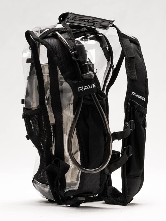RAVERUNNER® Clear Hydration Pack | Festival Approved Hydration Backpack Clear with 2L Bladder & Quick Disconnect Hose | Clear Camelbak Water Backpack, Clear Hydration Backpack, Clear Camelbak