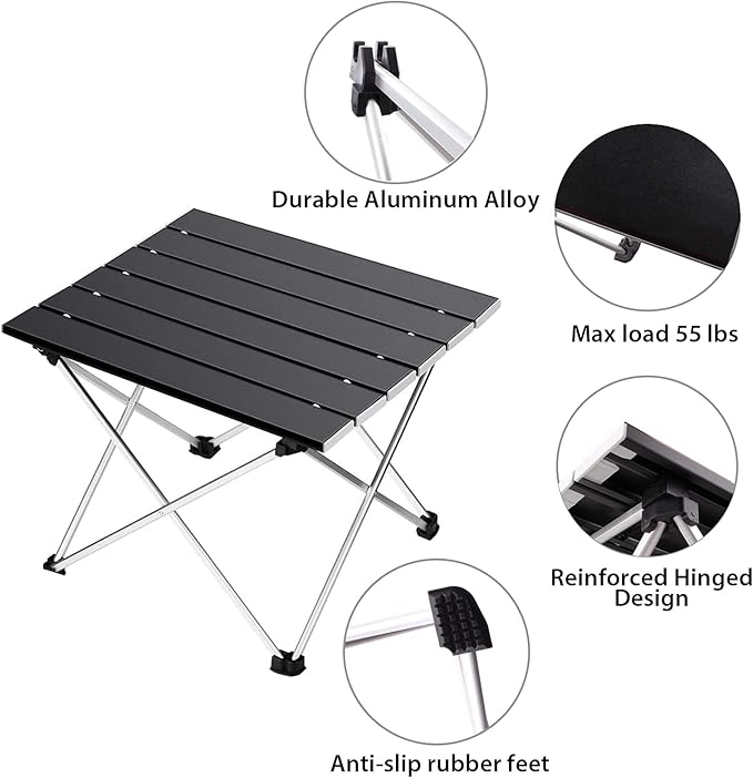 Tesouro Portable Camping Table,Folding Side Table Aluminum Top for Outdoor Cooking, Hiking, Travel, Picnic(Large, Black)