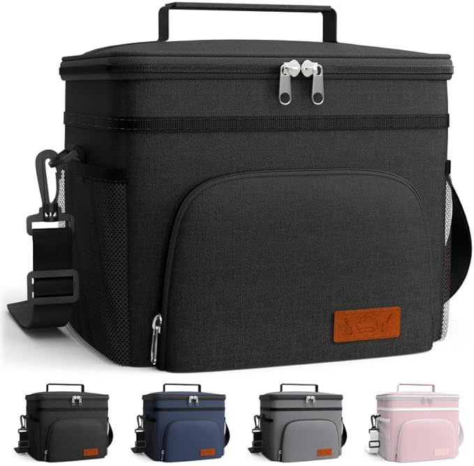 HOTOR Insulated Lunch Box for Men & Women - Leak-Proof Cooler Lunch Bag with 4 Pockets, Adjustable Strap, Ideal for Work, Picnic, Travel - Large, Black, 13.0"×7.9"×9.1"