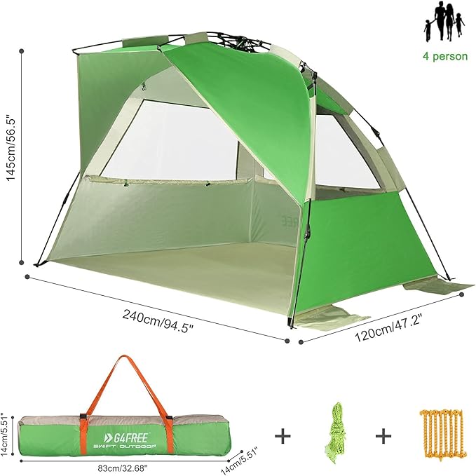 G4Free Easy Set up Beach Tent Deluxe XL, Pop up Sun Shelter for 3-4 Persons with UPF 50+ Protection Beach Shade with Extended Floor