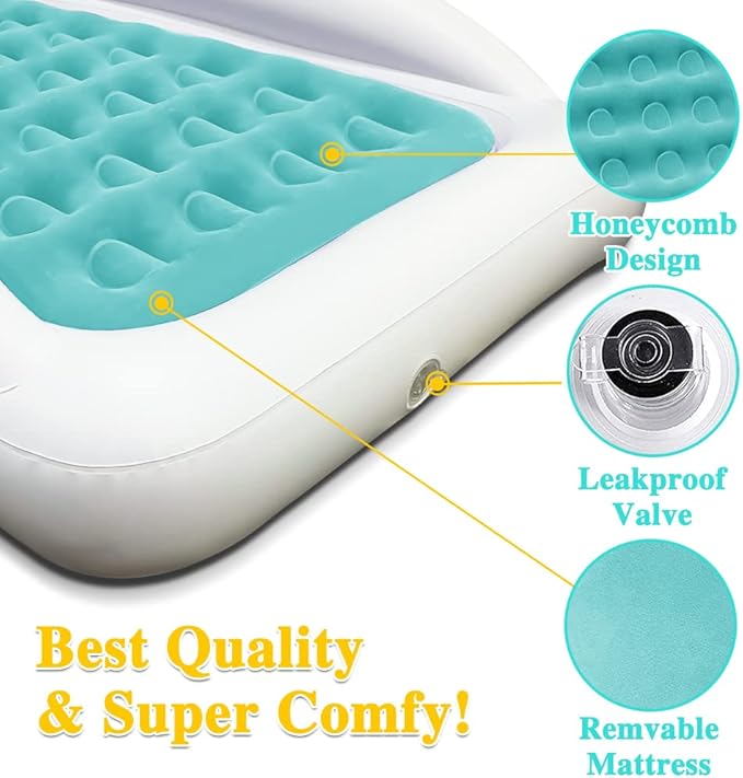 Inflatable Kids Travel Bed Toddler Air Mattress Set,Portable Blow Up Mattress Sleeping Bed Cot with Bed Rails and Electric Pump Ideal for Road Trip