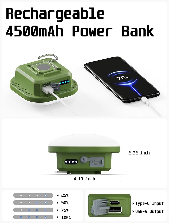 Rechargeable Camping Lights, 800LM, Hanging Tent Lights with Magnet,5 Lighting Mode LED Camping Lantern, 4500mAh, IP54 Waterproof Portable Red Flashlight for Hurricane, Outdoor, Fishing