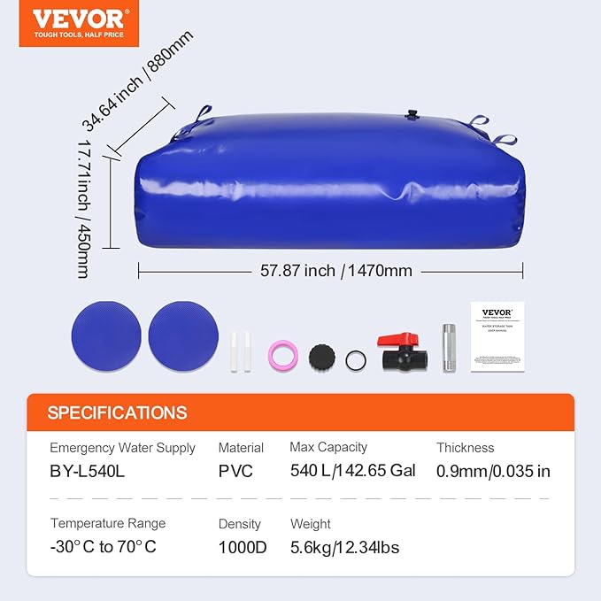 VEVOR 540L/142.7 Gallon Water Storage Bladder, RV Water Tank, 1000D Blue PVC Collapsible Water Storage Containers, Large Capacity Soft Water Bag, Portable Water Bladder, Garden Irrigation,Camping