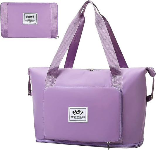 Expandable Travel Duffel Tote Bag - Foldable Overnight Weekender, Carry-On, Swim & Gym Bag - Fits Spirit Airlines Personal Item Size - Lightweight, Waterproof & Durable with Trolley Sleeve,Purple