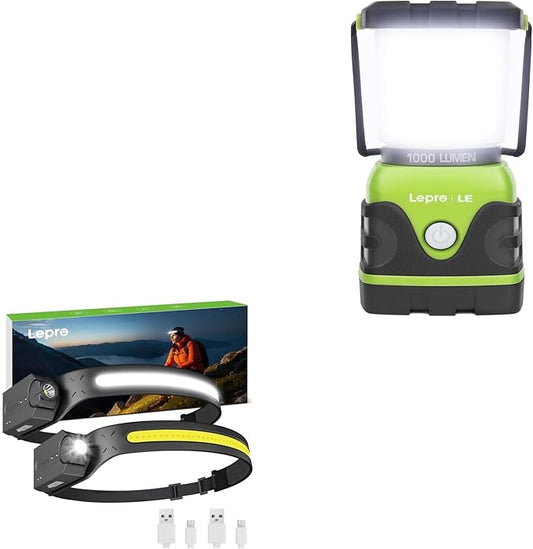 Lepro Bundle - 1000LM Battery Powered LED Camping Lantern & 2 Packs 230°COB Wide Beam & Adjustable Spotlight, Waterproof Headlamp