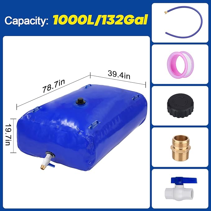TooTaci 1000L/264Gal Large Capacity Water Storage Bladder, Portable Water Tank with Hose and 3/4" Adapters, for Garden Watering, Drought Resistance, Agricultural Irrigation