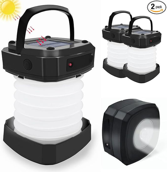 Solar Powered Lantern Flashlight,2-Pack Collapsible LED Camping Lantern,Portable USB Rechargeable Lamp for Power Outages,Emergencies,Hurricanes,Tent Lighting,Hiking,Backpacking Gear(Black)