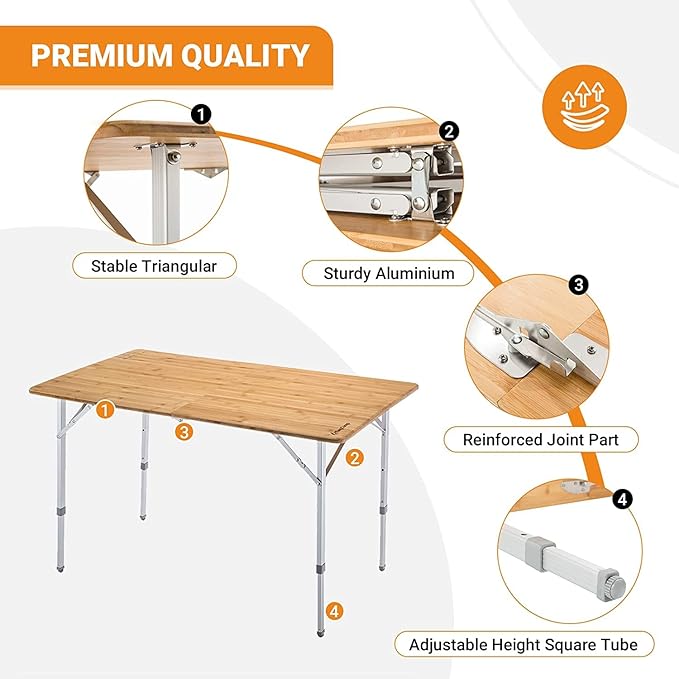 KingCamp Bamboo Folding Table, Camping Outdoor Portable Camp Table with Adjustable Height legs & Carry Bag for Outdoor RV Backyard Picnic Tailgating Beach