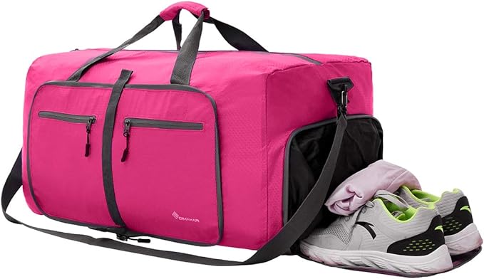Dimayar Travel Duffle Bag for Men Women - Foldable Duffel Bag with Shoes Compartment - Overnight Bags Waterproof & Tear Resistant(85L,Fuchsine)
