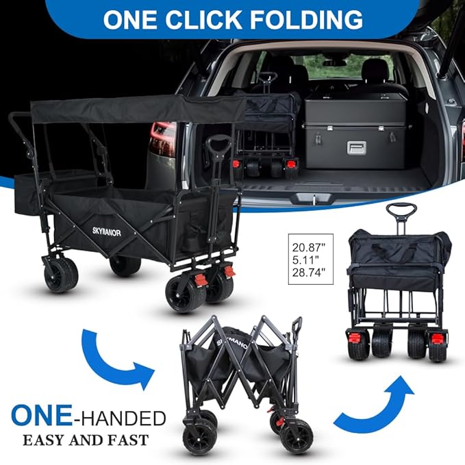 Collapsible Wagon with Removable Canopy, 3-in-1 Heavy Duty Garden Cart with Big All-Terrain Wheels, Brakes, Adjustable Push Pull Handle, Cooler Bag, 300LBS Wagon Cart for Camping (Black)
