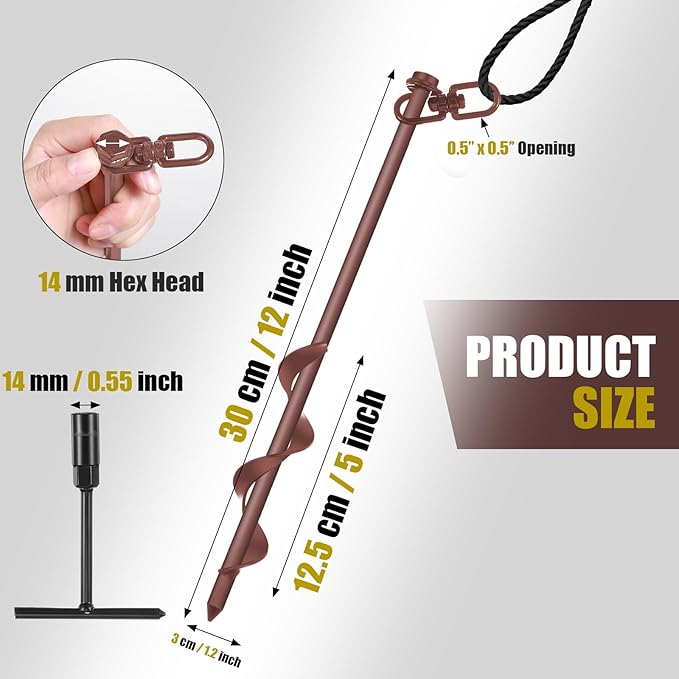 Reginary 6 Pcs Ground Anchors Screw in Tent Stakes Heavy Duty Trampoline Anchors High Wind for Camping Canopy Carport Sheds Beach Sand Stakes Metal Swing Set (Brown)