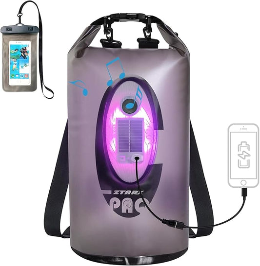 Dry Bag Waterproof with Solar Bluetooth Speaker & Light - 10L/20L Roll Top Dry Sack Keeps Gear Dry for Men Women Kayaking, Beach, Rafting, Boating, Hiking, Camping and Fishing