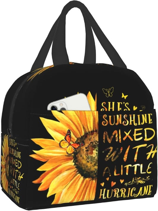 Giwawa Sunflower Insulated Lunch Bag for Girls Women, Sunshine Yellow Floral Inspirational Thermal Lunch Box with Front Pocket Reusable Meal Cooler Tote Bag for Kids Teens College Office