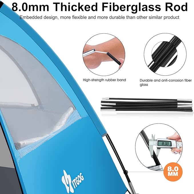 Beach Tent Sun Shelter for 3-4Person, Lightweight Beach Tent with UV Protection, 3 Mesh Roll Up Windows & 8.0mm Fiberglass, Easy Assemble