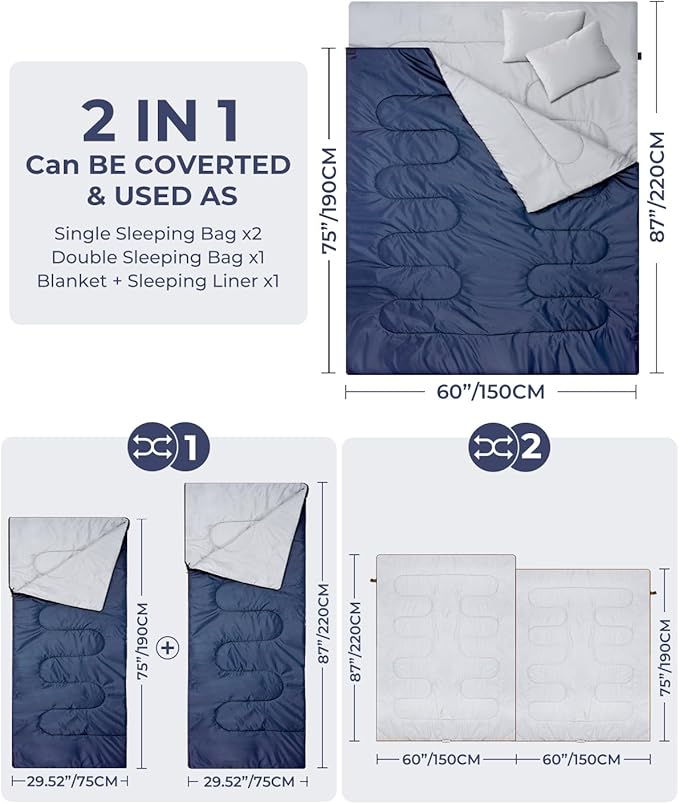 Ohuhu Double Sleeping Bag for Adults with 2 Pillows, Queen Size Two Person Sleeping Bag for Camping Hiking Backpacking 2 Person Sleeping Bags for Cold Weather & Warm