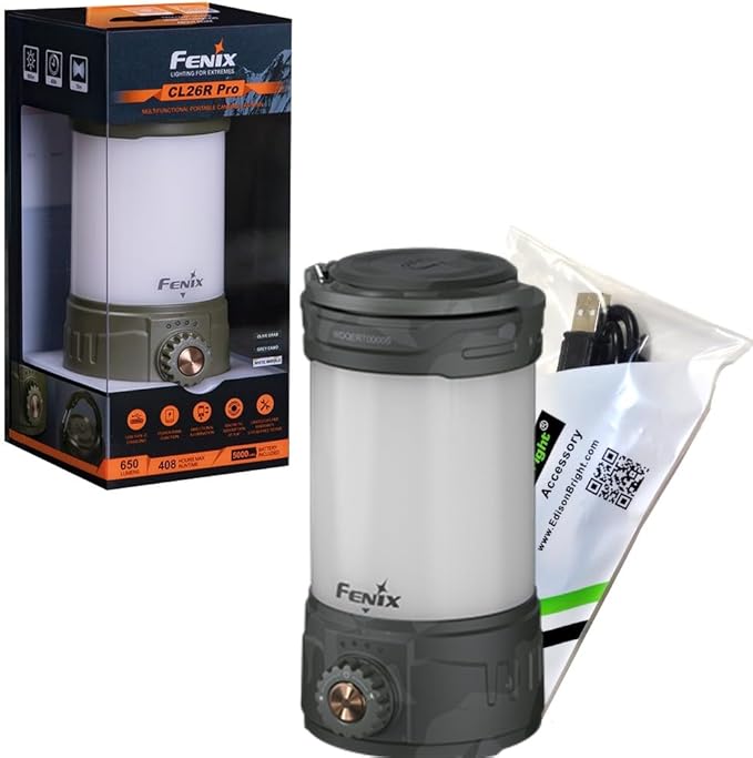 Fenix CL26R Pro 650 Lumen USB Rechargeable White/red Output Camping Lantern/Work Light, Rechargeable Battery with EdisonBright Charging Cable (Gray Camo)