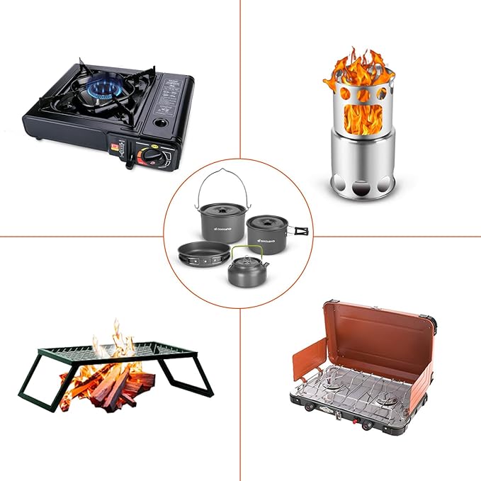 Odoland 39pcs Camping Cookware Mess Kit, Non-Stick Large Size Hanging Pot Pan Kettle with Base Dinner Cutlery Sets for 6 and More, Cups Dishes Forks Spoons Kit for Outdoor Camping Hiking Picnic