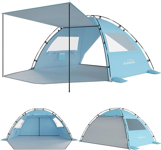 Elegear Beach Tent Sun Shelter with Canopy, 6-8 Person Pop Up Beach Tent, Easy Setup UPF 50+ UV Protection Portable Lightweight Double Silver Coating Beach Cabana Sun Shade Shelter - Sky Blue