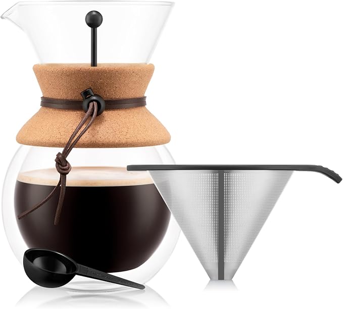 Bodum 34oz Pour Over Coffee Maker, High-Heat Borosilicate Glass with Reusable Stainless Steel Filter and Double Wall Cork Grip - Made in Portugal