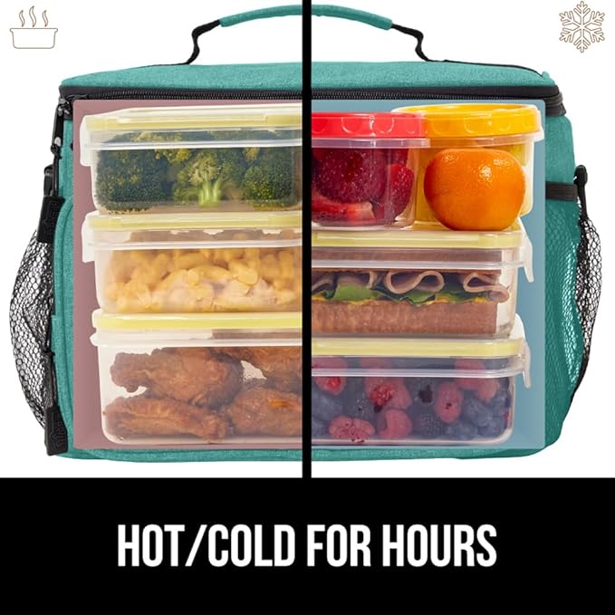 GORILLA GRIP Reusable Insulated Lunch Box Bag for Women Men, 15L, Leakproof XL Soft Cooler Bags, Multiple Compartments, Mesh Pockets and Adjustable Strap, Food Tote Keeps Drinks Cold, 13x9, Turquoise