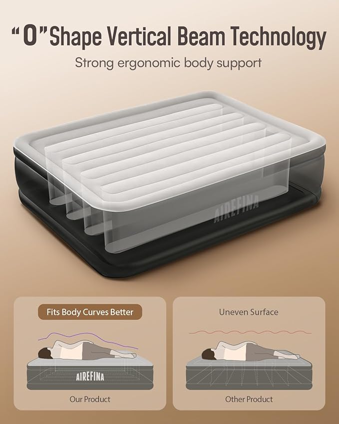 Airefina Queen Air Mattress with Built in Pump, Upgraded Comfort Blow Up Mattress Raised Inflatable Mattress for Guest Home Temporary Camping, Air Bed Queen Size, Colchones Inflables, 700lbs Max