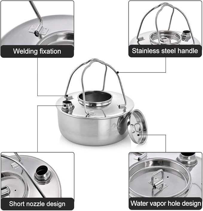 Widesea 1.7L Stainless Steel Camping Kettle Food-Grade 304 Tea Pot with Extra-Thick Handle Portable Water Boiler for Campfire, Hiking, Backpacking & Outdoor Cooking