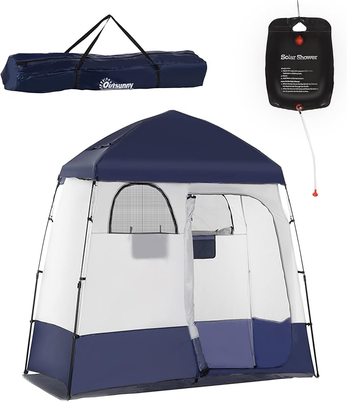 Outsunny Shower Tent, Pop Up Privacy Shelter for Camping, Dressing Changing Room, Portable Instant Outdoor Shower Tent Enclosure w/ 2 Rooms, Shower Bag, Floor and Carrying Bag