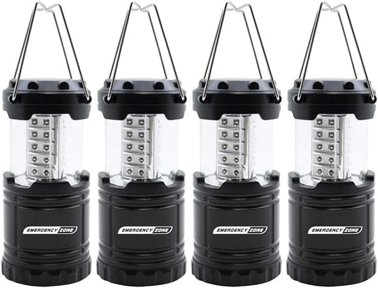 Emergency Zone Collapsible LED Lantern (4 Pack) - Black, Water-Resistant, 5" x 3" x 5", 2.5 lbs, 6 hr Battery Life