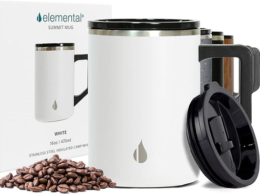 Elemental Insulated Coffee Mug - Triple-Wall Stainless Steel Summit Travel Cup for Hot and Cold Drinks - Thermal Coffee Mug with Lid and Handle for Camping, Office & Travel 16oz - White