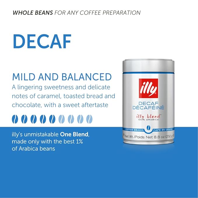 illy Whole Bean Coffee - Perfectly Roasted – Classico Decaf Roast - with Notes of Caramel, Toasted Bread & Chocolate - 100% Arabica Beans - No Preservatives – 8.8 Ounce, 6 Pack