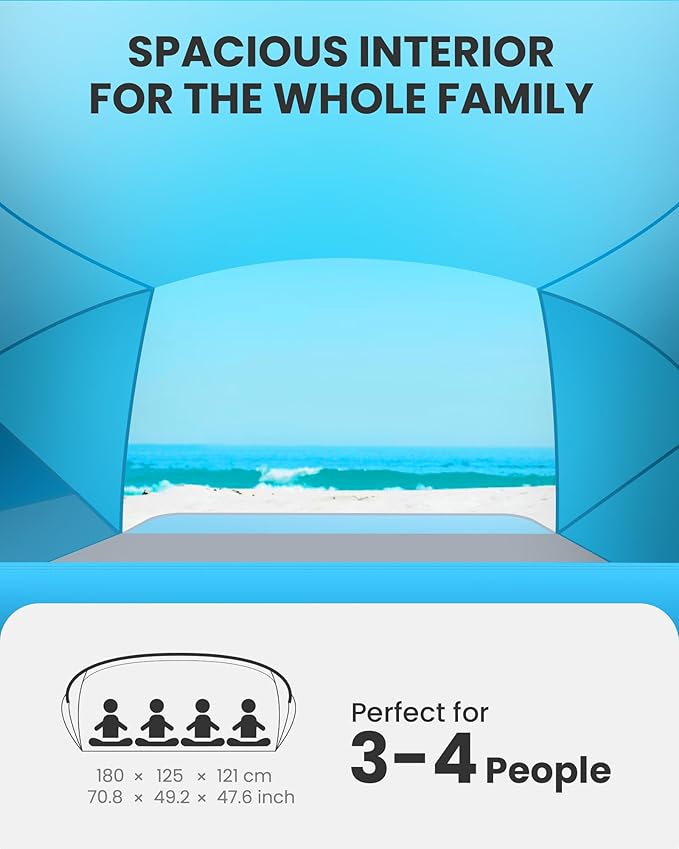 OutdoorMaster Beach Tent for 3-4 Person - Easy Setup and Portable Beach Shade Sun Shelter Canopy with UPF 50+ UV Protection Removable Skylight Family Size - Blue