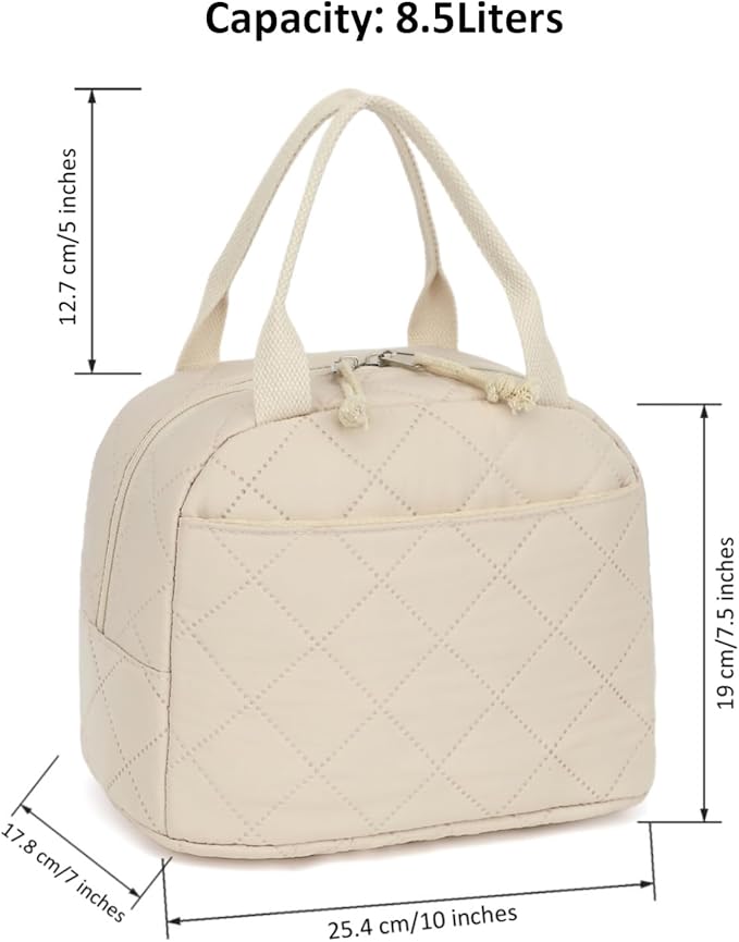 Lunch Bag, Quilted Pure Beige, Insulated Thermal Tote with Pocket, Large Capacity Reusable Cooler for Work or Travel, 8.5L