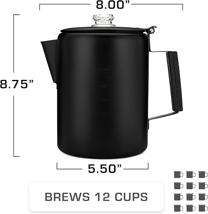 COLETTI Black Bozeman Percolator Coffee Pot — Camping Coffee Pot, Coffee Percolator – America’s Sleekest Percolator – Pure Stainless Steel, NO Aluminum or Plastic (12 Cup)