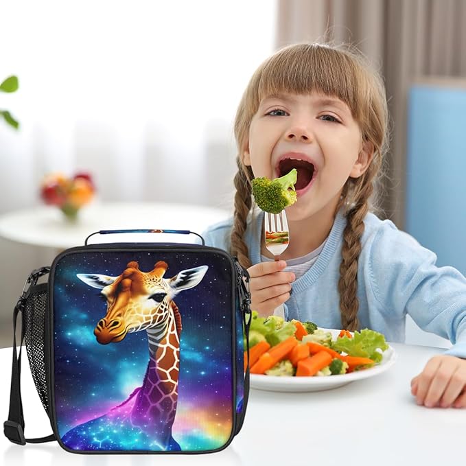 Galaxy Rainbow Giraffe Insulated Lunch Bag for Girls Boys Teen Cute Colorful Reusable Lunch Box with Shoulder Strap Freezable Thermal Cooler Bag Meal Prep for School Travel Picnic Beach Lunch Pail