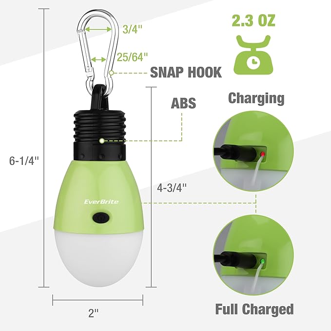 EverBrite Rechargeable Camping Light,Portable Tent Lantern,3 Lighting Modes, Hanging Tent Light Bulbs with Clip Hook for Hiking, Fishing, Backpacking, Emergency and More-Green