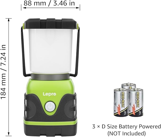 LE 1500LM Battery Powered LED Camping Lantern, Waterproof Tent Light with 4 Light Modes, Camping Essentials, Portable Lantern Flashlight for Camping, Emergency Light, Power Outages, Not Rechargeable
