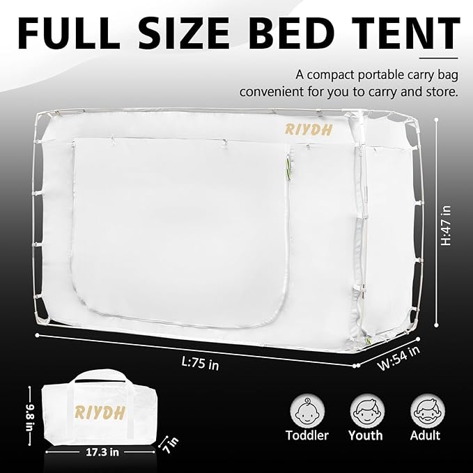 Bed Tent - Rectangular, Modern Style, White, 75"W x 54"L, 80% Blackout, 3 Doors, Breathable, Easy to Install