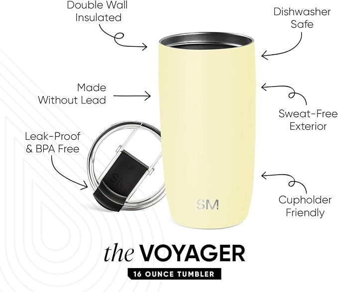 Simple Modern Travel Coffee Mug Tumbler with Flip Lid | Reusable Insulated Stainless Steel Cold Brew Iced Coffee Cup Thermos | Gifts for Women Men Him Her | Voyager Collection | 16oz | Buttercup