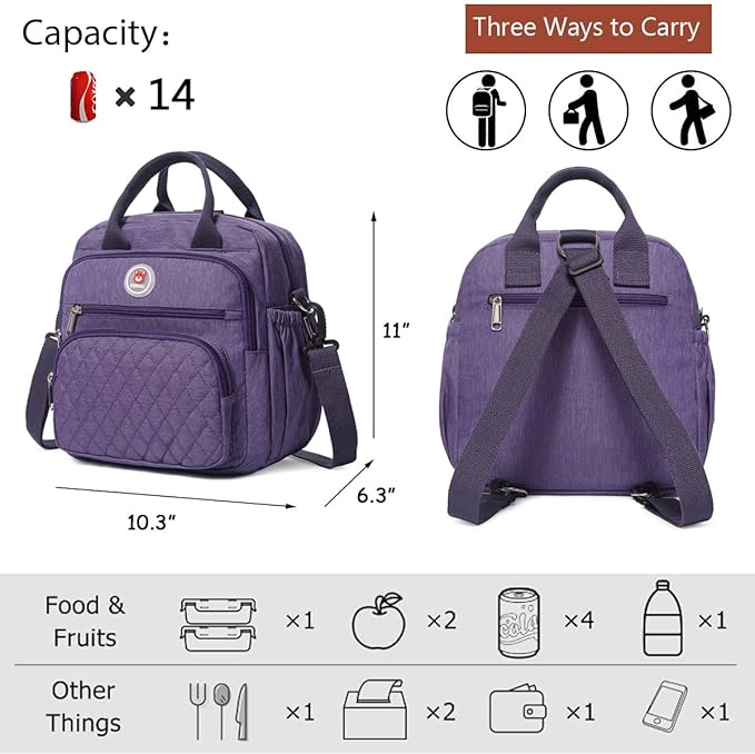 Insulated Lunch Bag Rucksack for Women/Men, 3 carrying way Lunch Tote, Large Waterproof Cooler Box with Side pockets for Adults, Work, Beach, Picnic, Purple