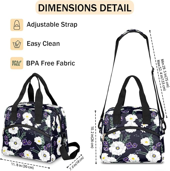 Flower Floral White Insulated Lunch Bags for Women Men Adult Reusable Lunch Tote Therma Cooler Bag with Shoulder Strap Lunch Box for School Work Office Picnic Meal Prep Bag