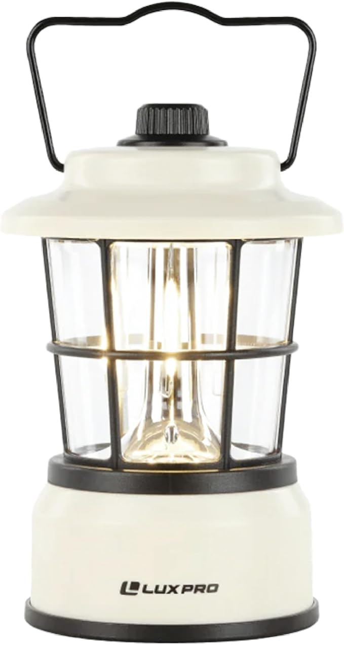 LUXPRO Retro LED Lantern - Battery-Powered Emergency Lantern - Water Resistant - Bright LED Lamp for Indoor & Outdoor Use - Use for Tents, Hiking or Hurricane Prep - Beige