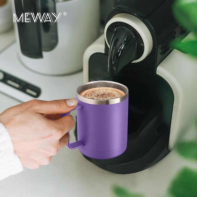 MEWAY 12oz Coffee Mug With Handle 4 Pack Bulk,Stainless Steel Insulated Travel Tumblers With Sliding Lid,Double Wall Vacuum Camping Cup for Hot & Cold Drinks Tea (Purple,Set of 4)